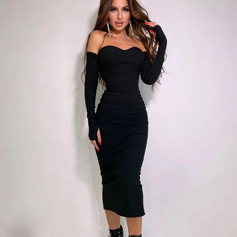 Vestido de mujer de punto con hombros descubiertos, manga larga y escote en V