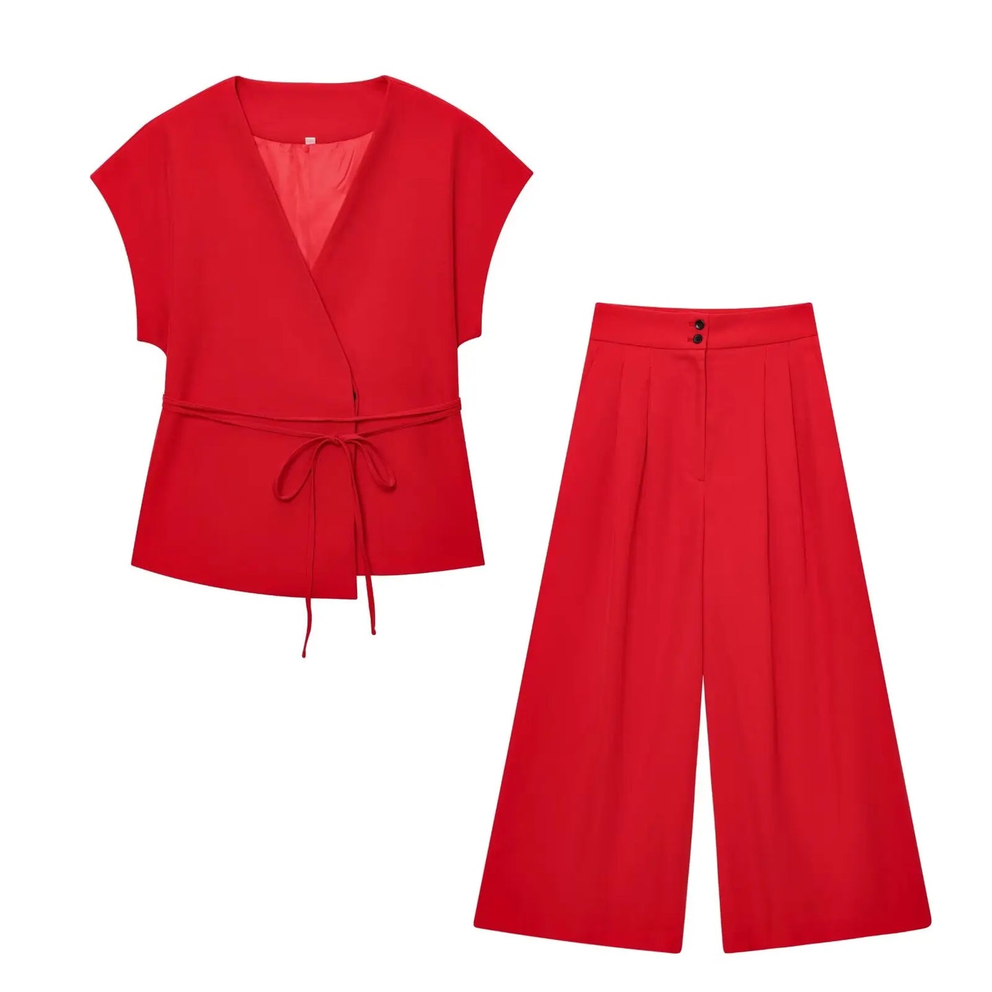 TFMLN Conjunto de pantalón de moda para mujer, sin mangas, cuello en V, top con cinturón, pantalones rectos