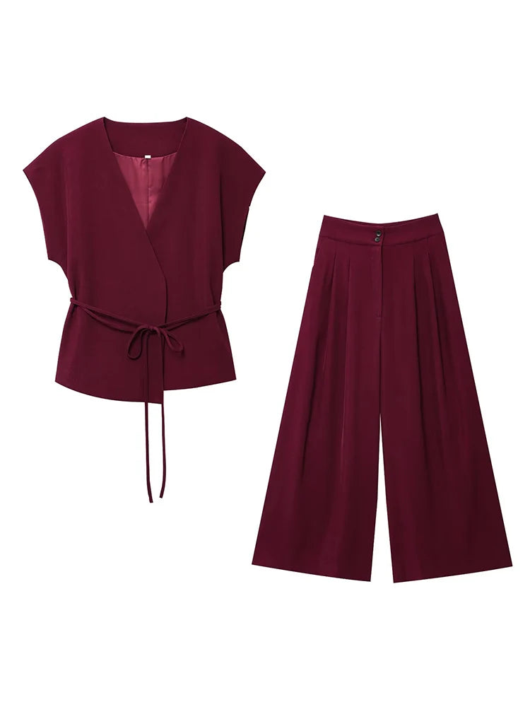 TFMLN Conjunto de pantalón de moda para mujer, sin mangas, cuello en V, top con cinturón, pantalones rectos