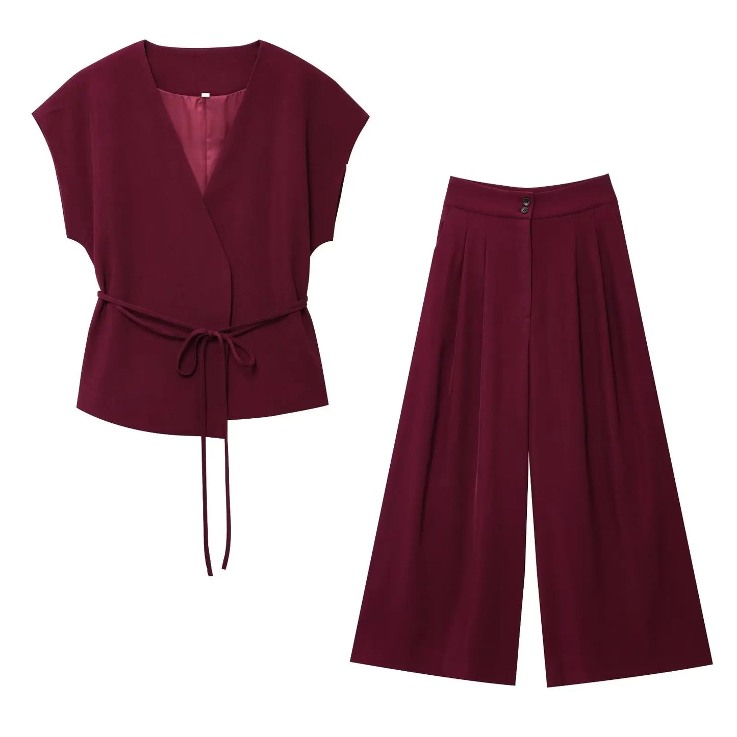 TFMLN Conjunto de pantalón de moda para mujer, sin mangas, cuello en V, top con cinturón, pantalones rectos