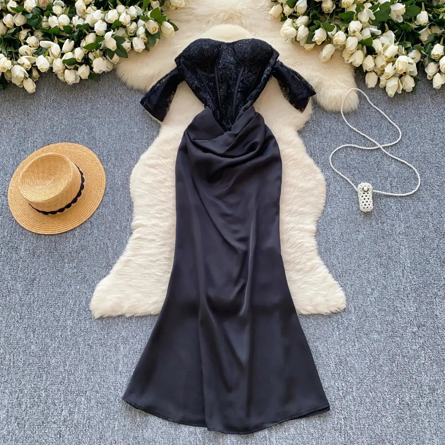 Vestido de trompeta elegante de satén con estampado para mujer