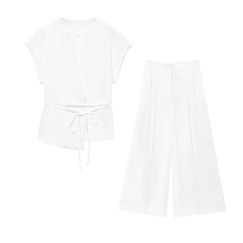 TFMLN Conjunto de pantalón de moda para mujer, sin mangas, cuello en V, top con cinturón, pantalones rectos