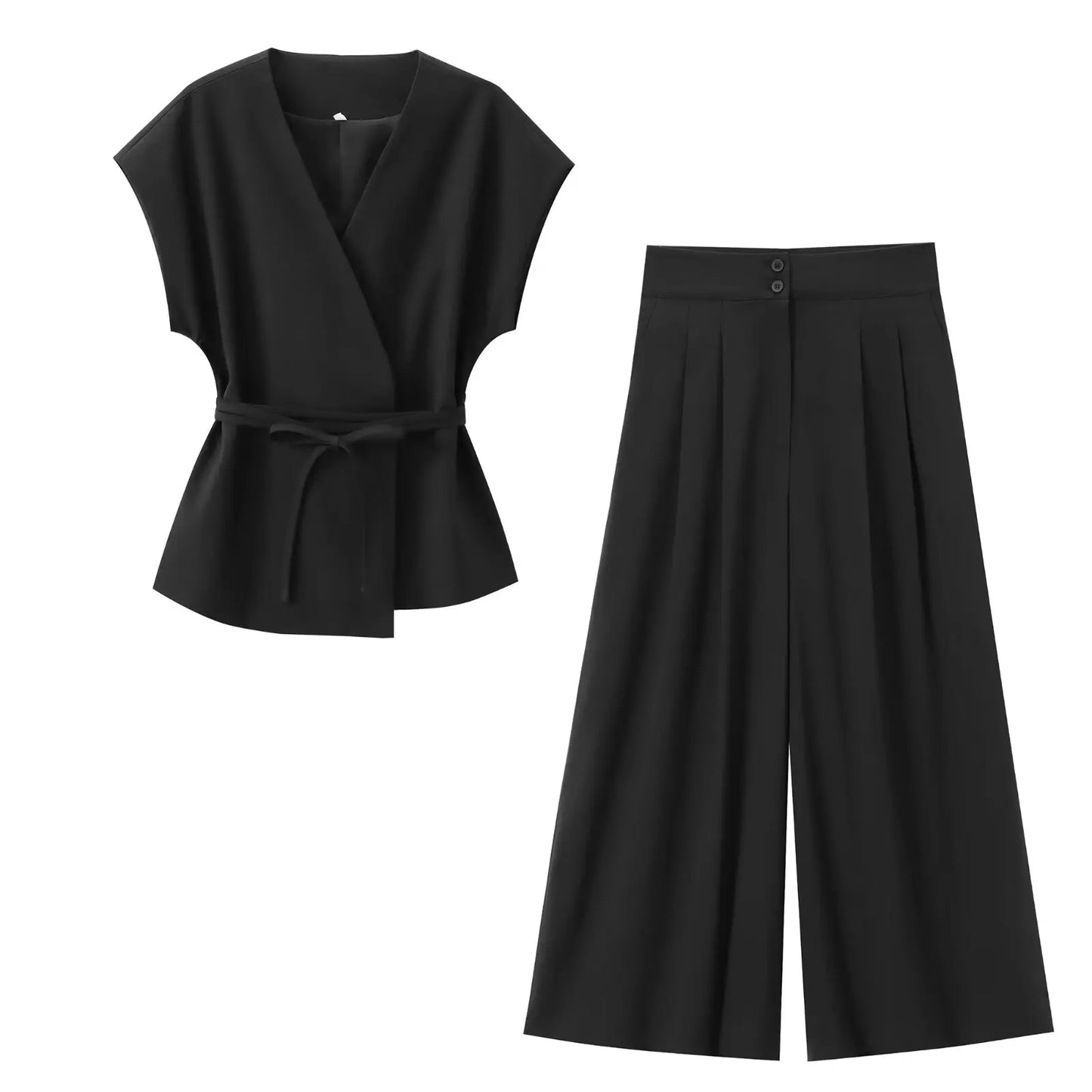 TFMLN Conjunto de pantalón de moda para mujer, sin mangas, cuello en V, top con cinturón, pantalones rectos