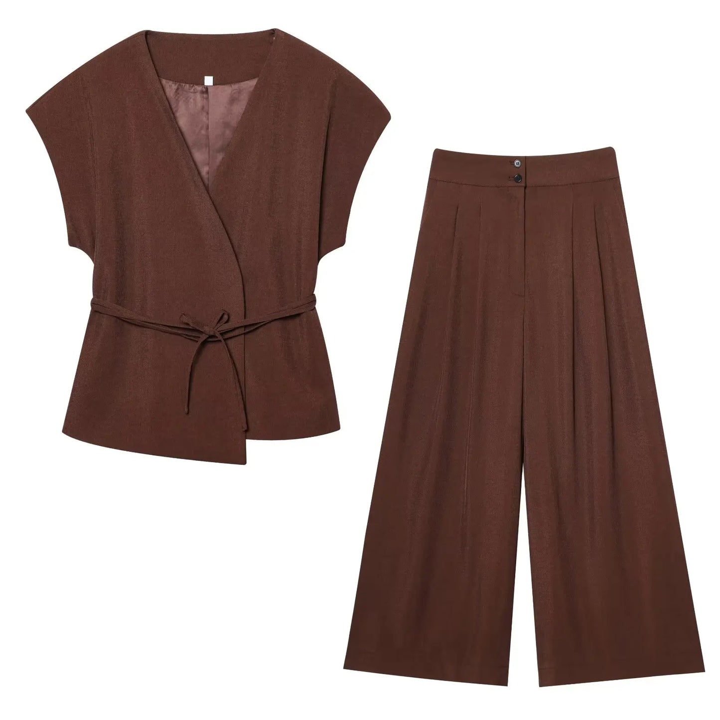 TFMLN Conjunto de pantalón de moda para mujer, sin mangas, cuello en V, top con cinturón, pantalones rectos