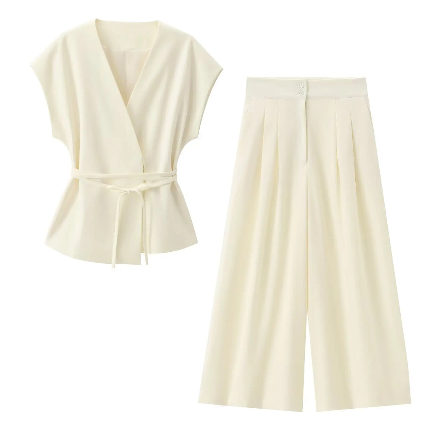 TFMLN Conjunto de pantalón de moda para mujer, sin mangas, cuello en V, top con cinturón, pantalones rectos
