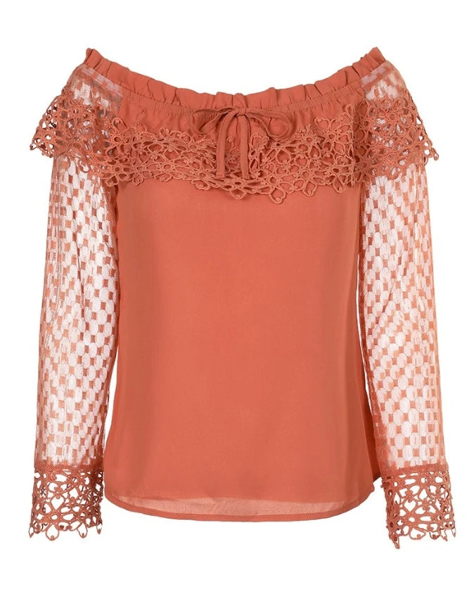 Blusa de mujer con hombros descubiertos de encaje de guipur