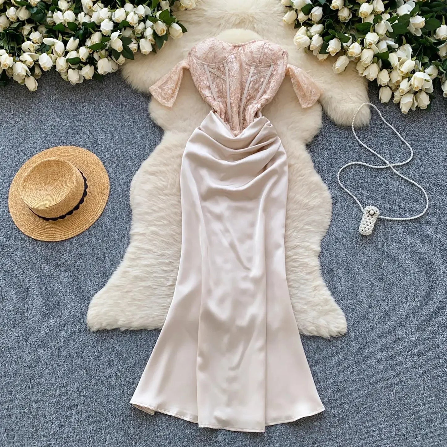 Vestido de trompeta elegante de satén con estampado para mujer