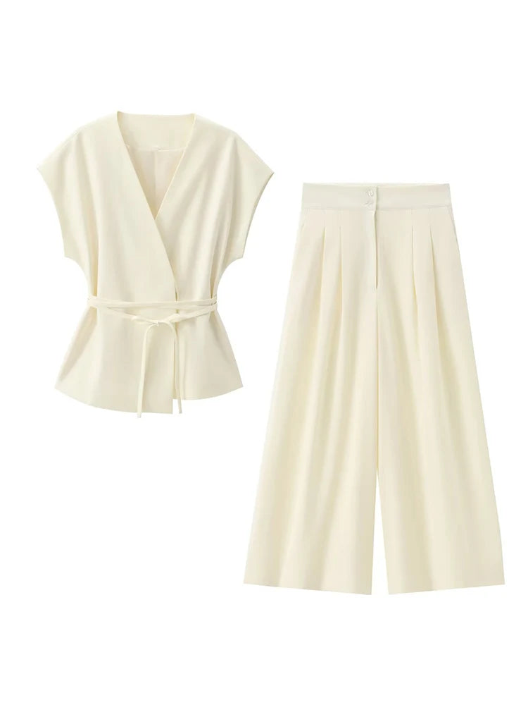 TFMLN Conjunto de pantalón de moda para mujer, sin mangas, cuello en V, top con cinturón, pantalones rectos