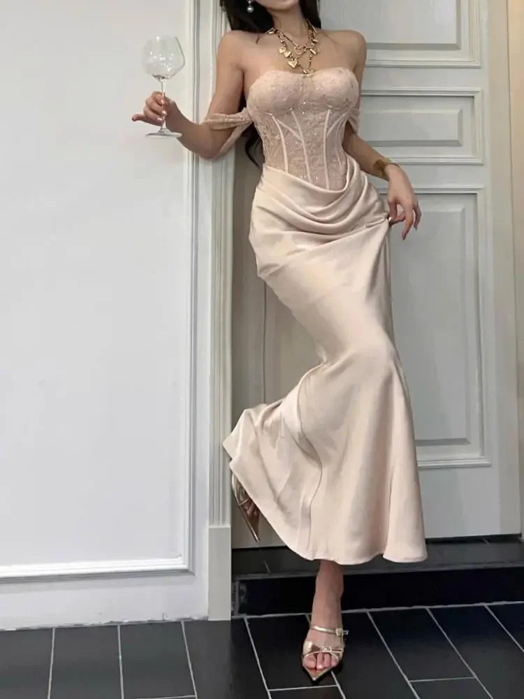 Vestido de trompeta elegante de satén con estampado para mujer