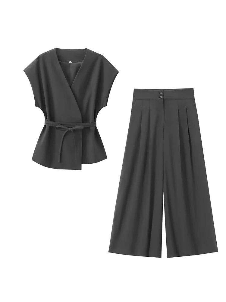 TFMLN Conjunto de pantalón de moda para mujer, sin mangas, cuello en V, top con cinturón, pantalones rectos