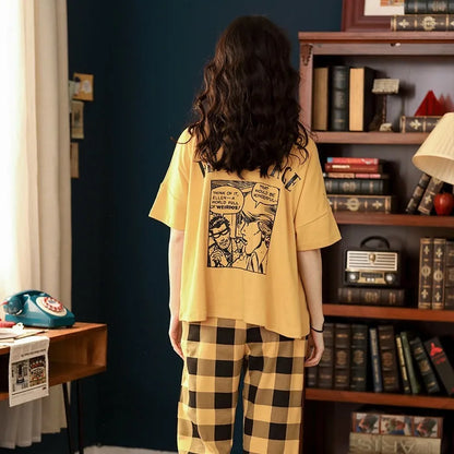 Conjuntos de pijama para mujer, estampado a cuadros, 2XL estilo coreano
