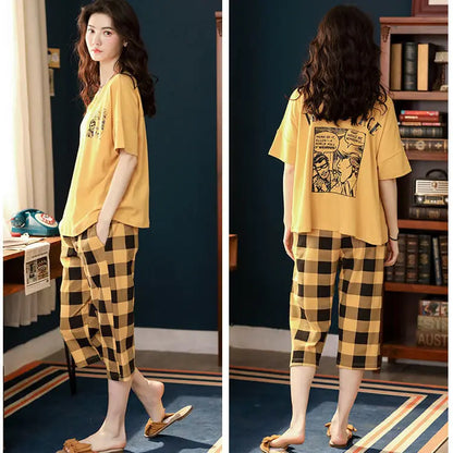 Conjuntos de pijama para mujer, estampado a cuadros, 2XL estilo coreano