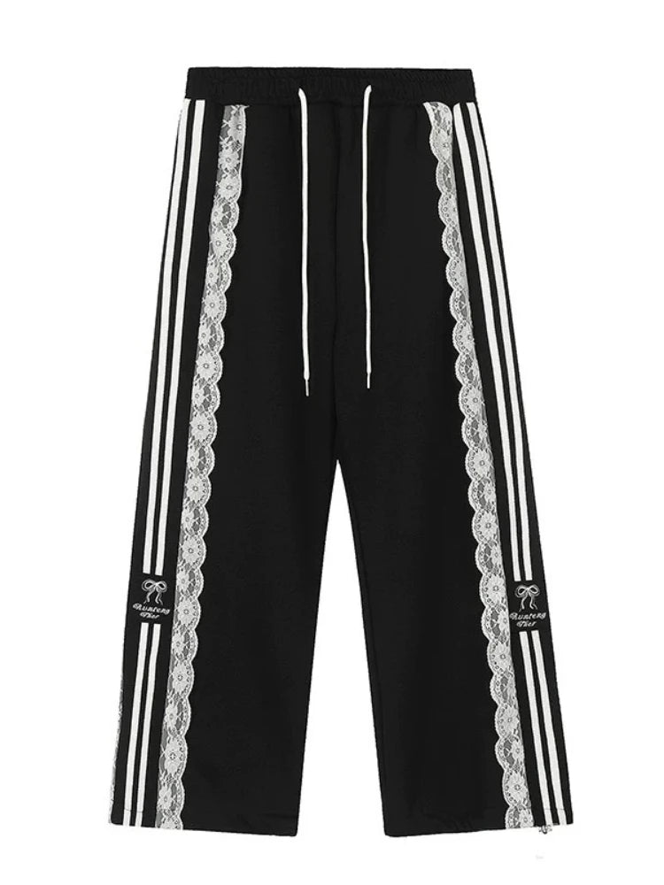 HOUZHOU Y2k Pantalones de retazos de encaje para mujer, pantalones deportivos holgados blancos de estilo coreano