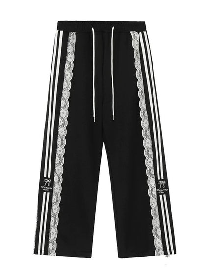 HOUZHOU Y2k Pantalones de retazos de encaje para mujer, pantalones deportivos holgados blancos de estilo coreano