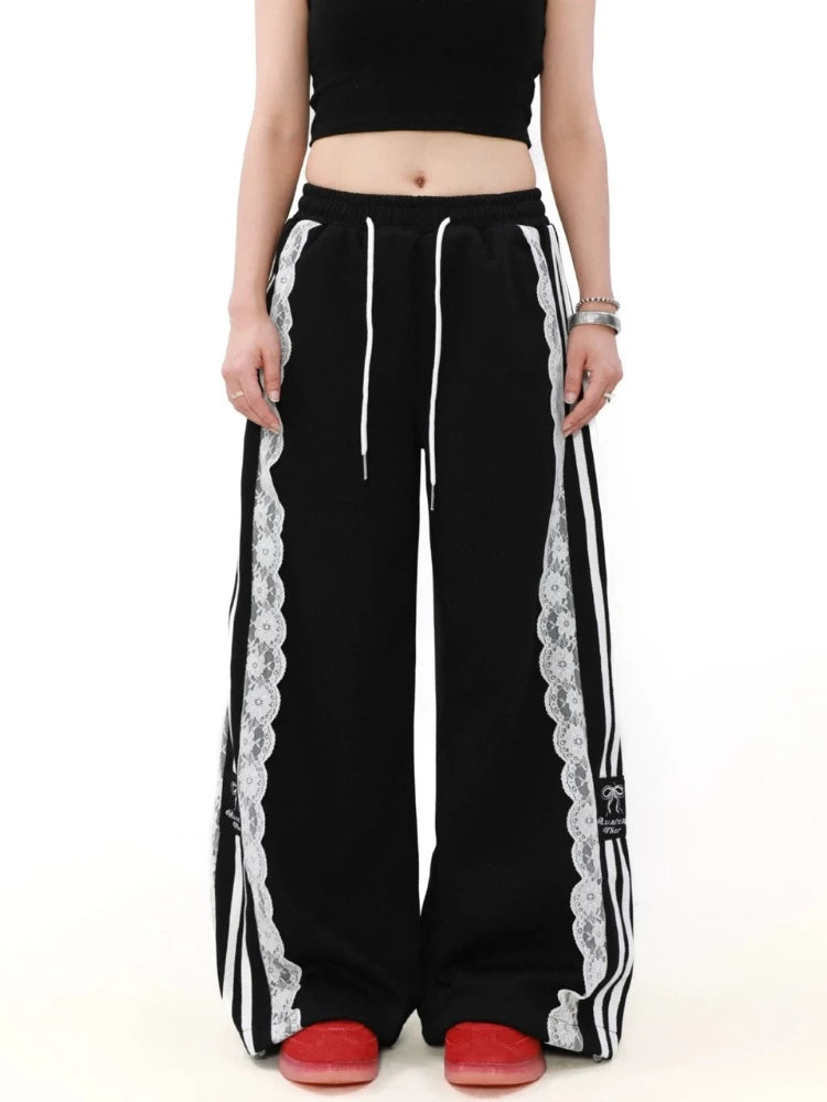 HOUZHOU Y2k Pantalones de retazos de encaje para mujer, pantalones deportivos holgados blancos de estilo coreano
