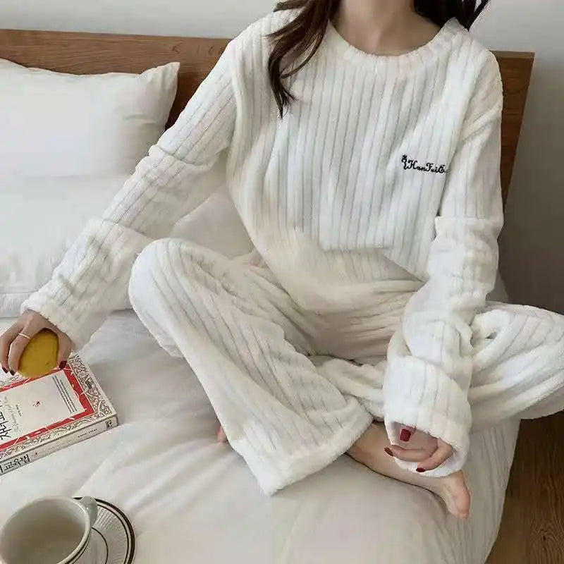 Conjunto de pijama de dos piezas para mujer, liso y cálido, de terciopelo grueso