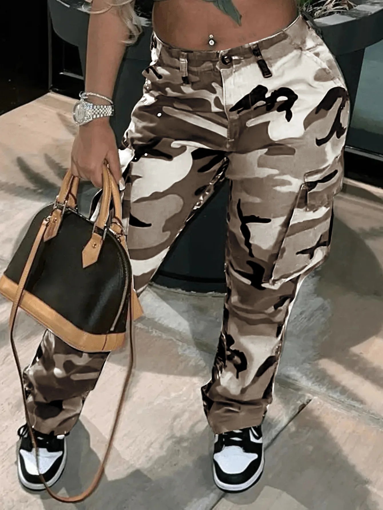 Pantalones cargo para mujer, estampado de camuflaje, rectos, elásticos, de cintura media, vintage, con múltiples bolsillos, largos
