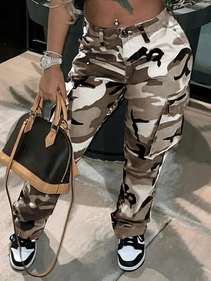 Pantalones cargo para mujer, estampado de camuflaje, rectos, elásticos, de cintura media, vintage, con múltiples bolsillos, largos