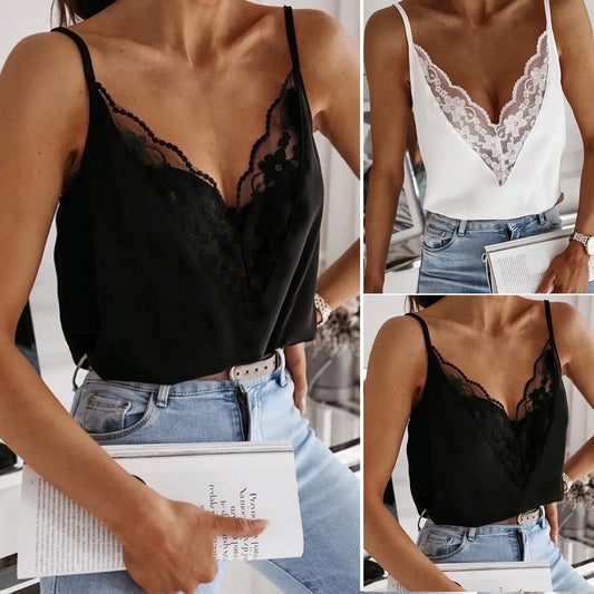 Blusa de gasa con cuello en V y tirantes finos