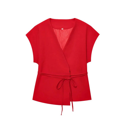 TFMLN Conjunto de pantalón de moda para mujer, sin mangas, cuello en V, top con cinturón, pantalones rectos