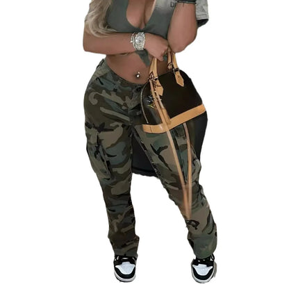 Pantalones cargo para mujer, estampado de camuflaje, rectos, elásticos, de cintura media, vintage, con múltiples bolsillos, largos