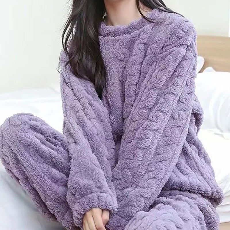 Conjunto de pijama de dos piezas para mujer, liso y cálido, de terciopelo grueso