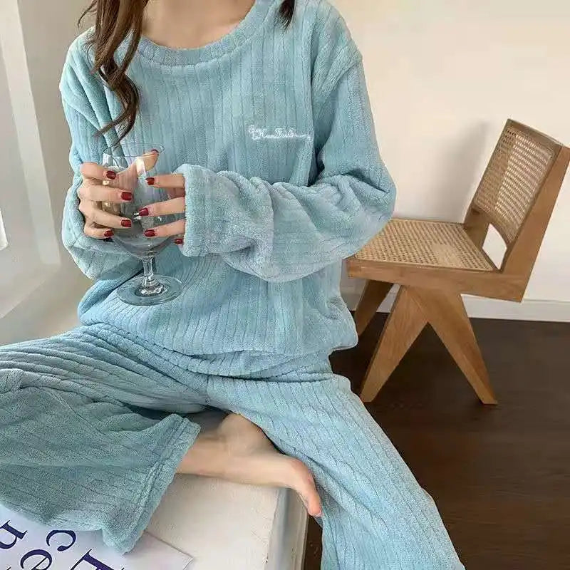 Conjunto de pijama de dos piezas para mujer, liso y cálido, de terciopelo grueso