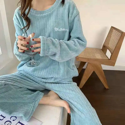 Conjunto de pijama de dos piezas para mujer, liso y cálido, de terciopelo grueso