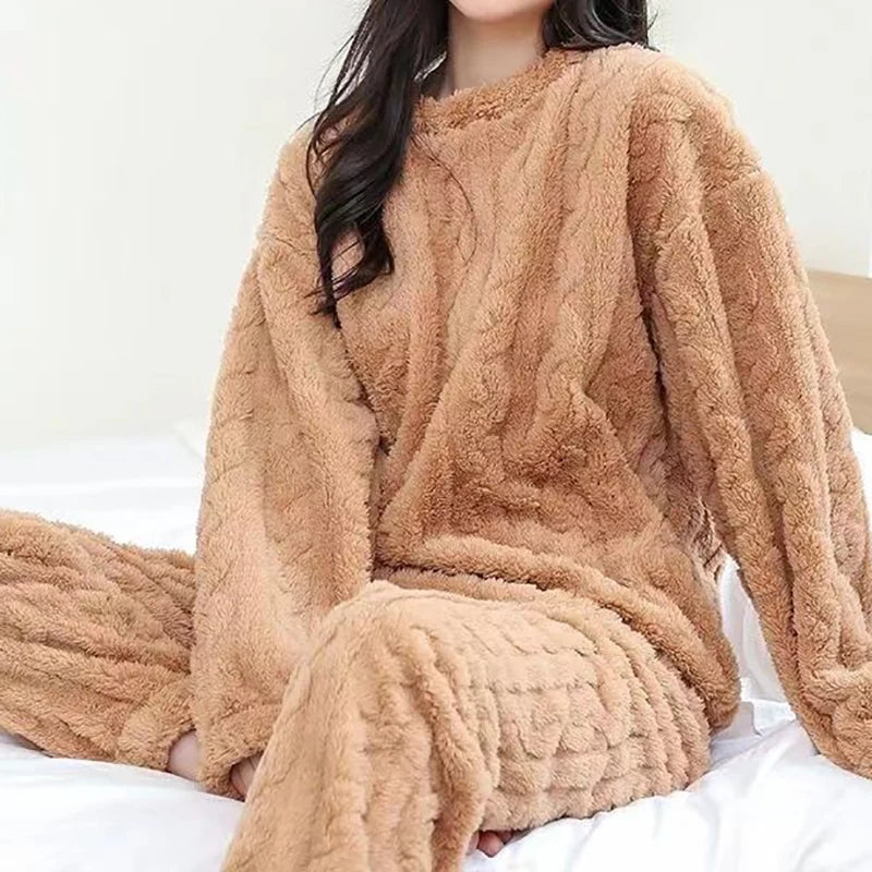 Conjunto de pijama de dos piezas para mujer, liso y cálido, de terciopelo grueso