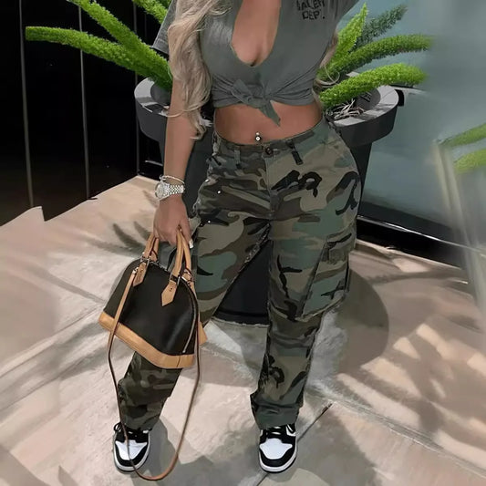 Pantalones cargo para mujer, estampado de camuflaje, rectos, elásticos, de cintura media, vintage, con múltiples bolsillos, largos