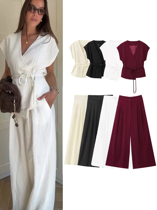 TFMLN Conjunto de pantalón de moda para mujer, sin mangas, cuello en V, top con cinturón, pantalones rectos
