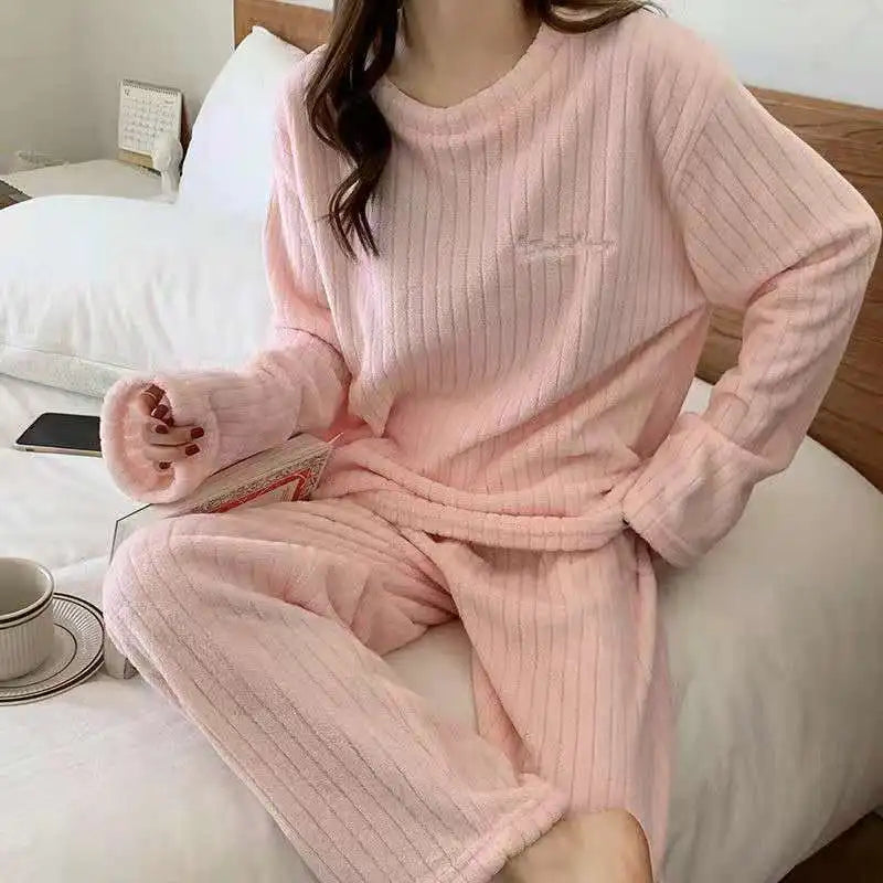 Conjunto de pijama de dos piezas para mujer, liso y cálido, de terciopelo grueso