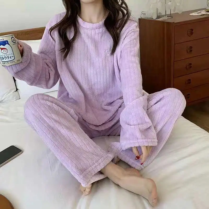 Conjunto de pijama de dos piezas para mujer, liso y cálido, de terciopelo grueso