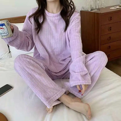 Conjunto de pijama de dos piezas para mujer, liso y cálido, de terciopelo grueso