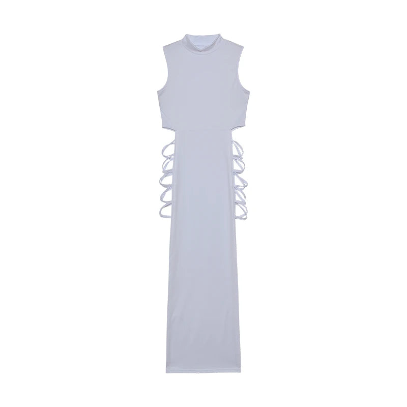 Vestido con cortes cruzados, sexy, ajustado, con cuello alto y sin mangas, ropa de mujer