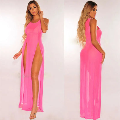 Vestido largo transparente de malla sexy para mujer