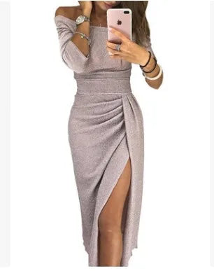 Vestido con abertura y cuello oblicuo para muje