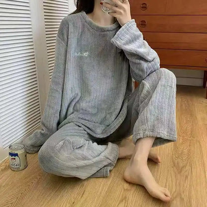 Conjunto de pijama de dos piezas para mujer, liso y cálido, de terciopelo grueso