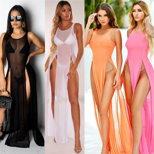 Vestido largo transparente de malla sexy para mujer