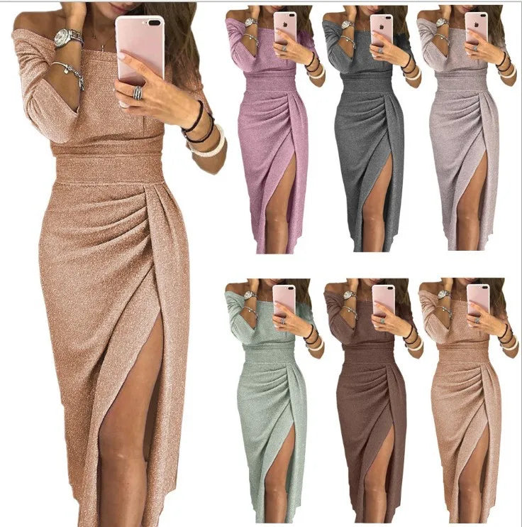 Vestido con abertura y cuello oblicuo para muje