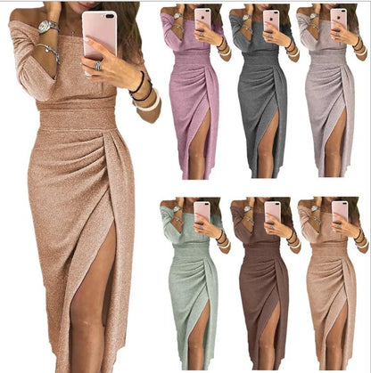 Vestido con abertura y cuello oblicuo para muje