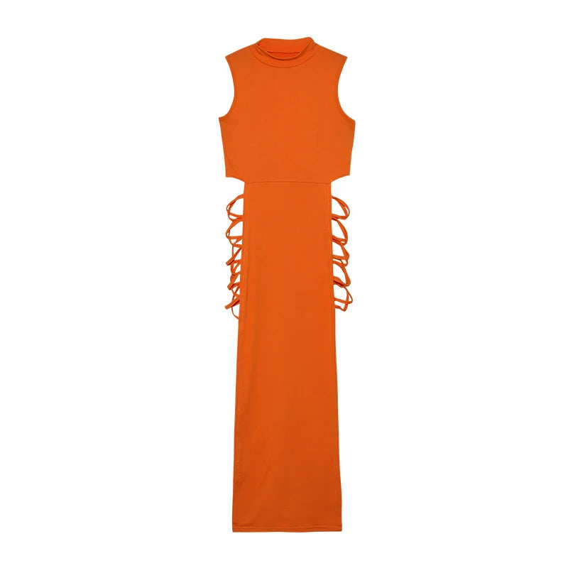 Vestido con cortes cruzados, sexy, ajustado, con cuello alto y sin mangas, ropa de mujer