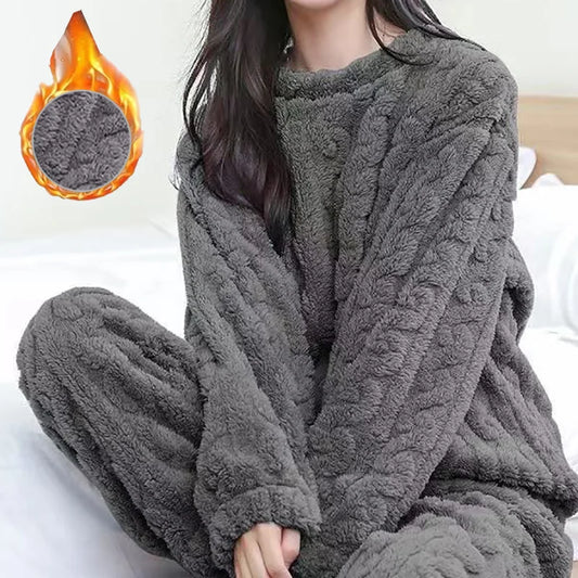 Conjunto de pijama de dos piezas para mujer, liso y cálido, de terciopelo grueso