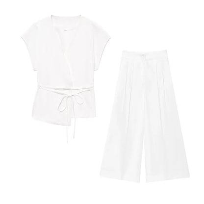 TFMLN Conjunto de pantalón de moda para mujer, sin mangas, cuello en V, top con cinturón, pantalones rectos