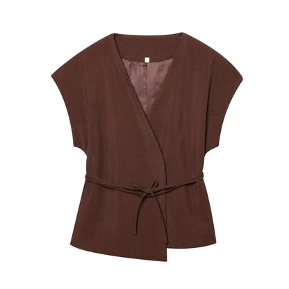 TFMLN Conjunto de pantalón de moda para mujer, sin mangas, cuello en V, top con cinturón, pantalones rectos