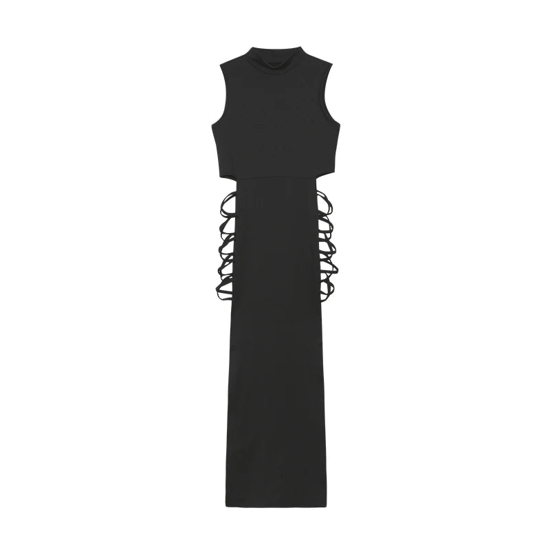 Vestido con cortes cruzados, sexy, ajustado, con cuello alto y sin mangas, ropa de mujer