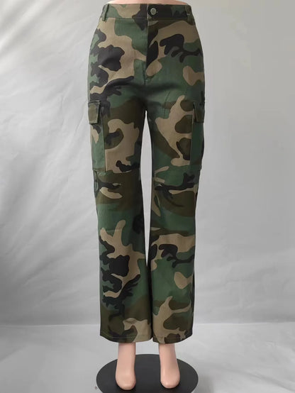 Pantalones cargo para mujer, estampado de camuflaje, rectos, elásticos, de cintura media, vintage, con múltiples bolsillos, largos