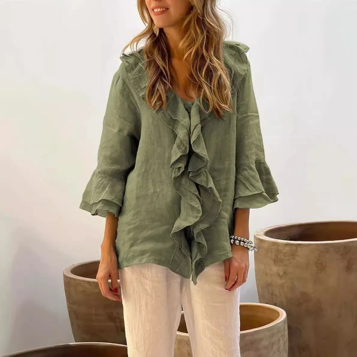 Blusas para mujer, camisa de manga larga con cuello en V