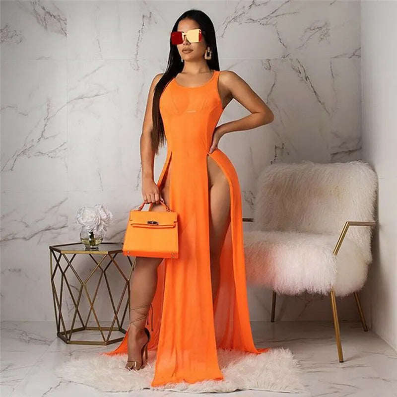Vestido largo transparente de malla sexy para mujer