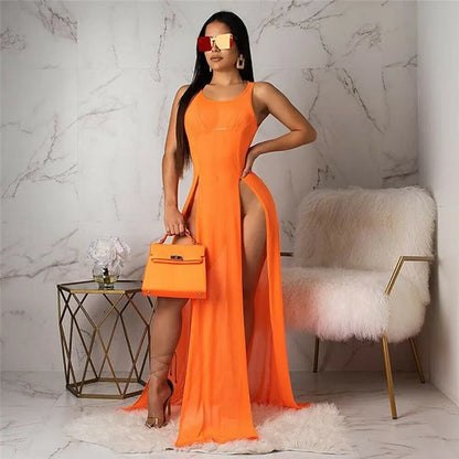 Vestido largo transparente de malla sexy para mujer